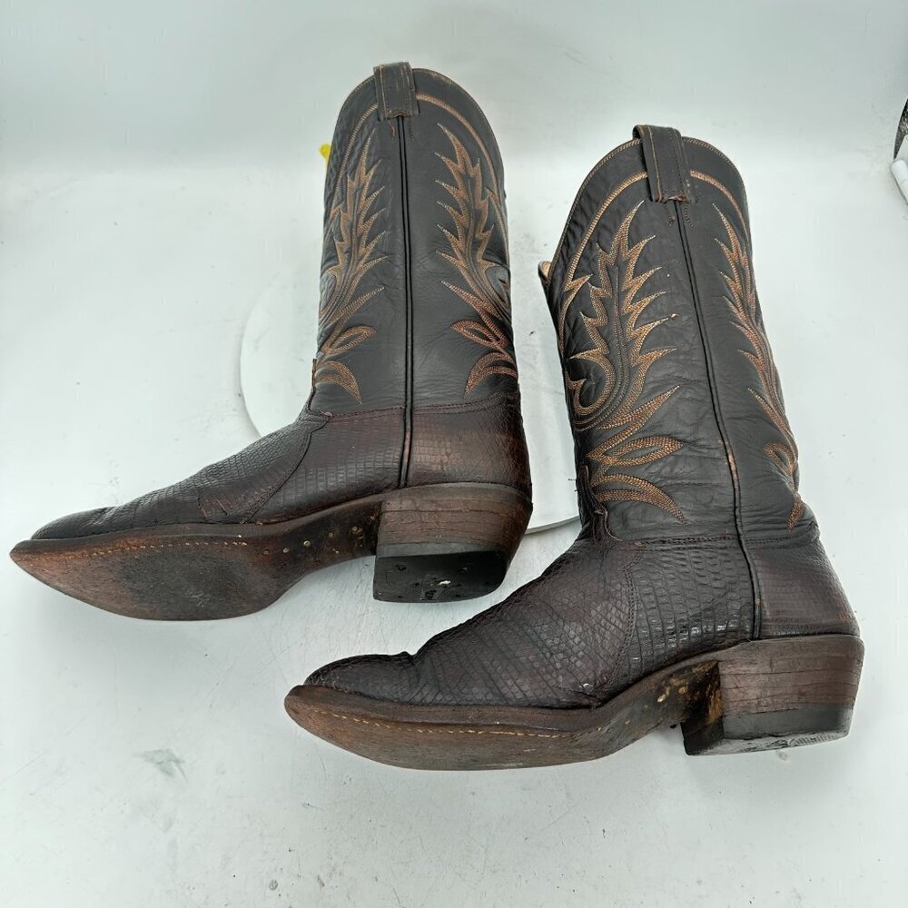 Tony Lama Men Size 8.5 Dark Brown Leather Pull On Western Cowboy Boots - Picture 7 of 14